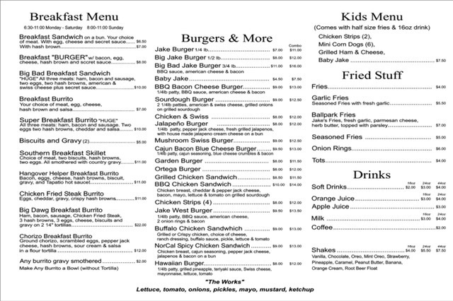 Jake's Burgers & More Menu - Image 1