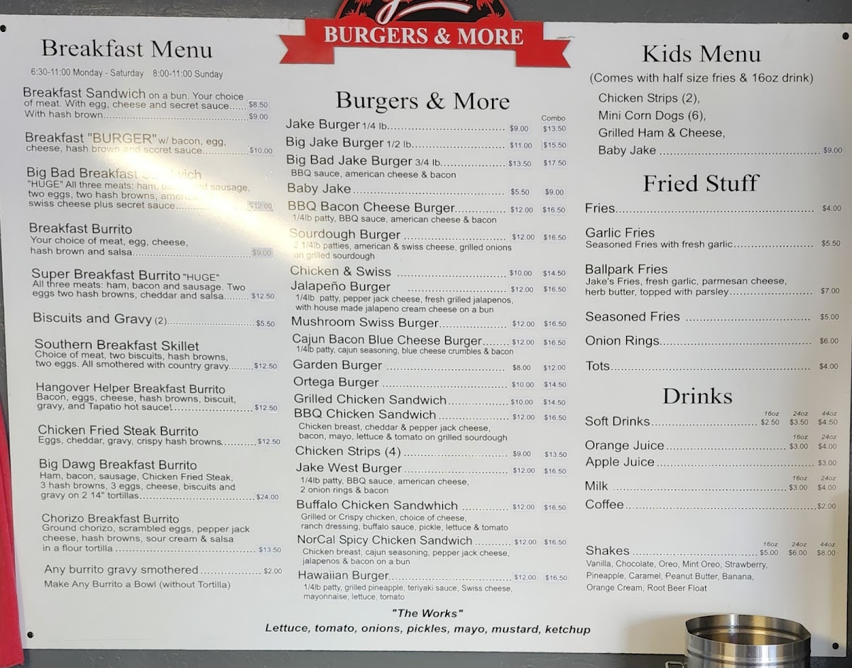 Jake's Burgers & More Menu - Image 3